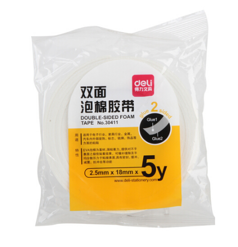 得力(deli)30411EVA泡棉双面胶带18mm*5y*2.5mm(白)(1卷/袋)
