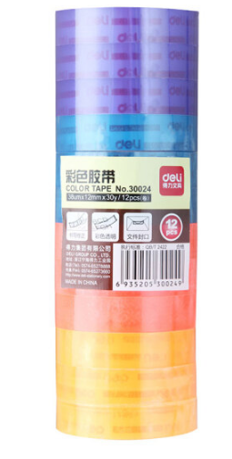得力(deli)30024彩色文具胶带12mm*30y*38um(混)(12卷/筒)