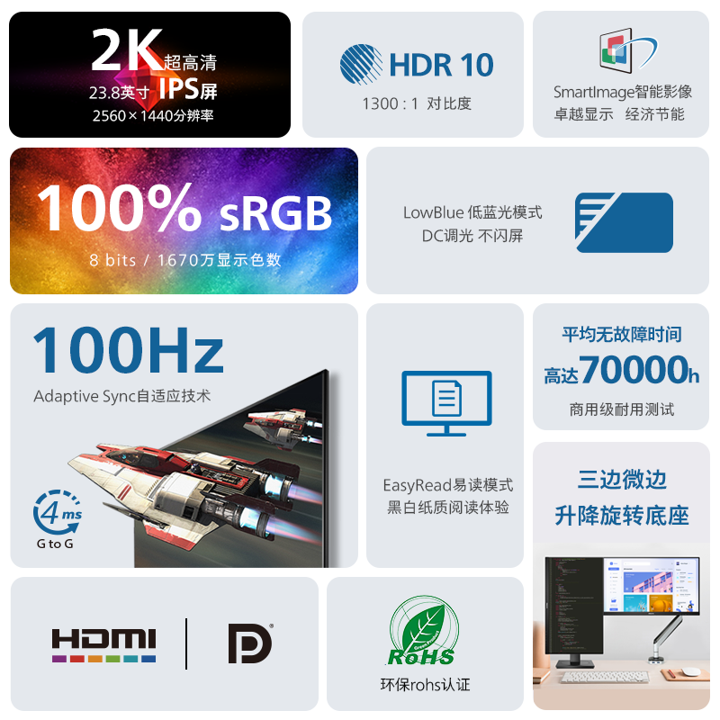 飞利浦(PHILIPS)23.8英寸 HDMI+DP 旋转升降 设计电脑显示器 245S9RB - 飞利浦(PHILIPS)