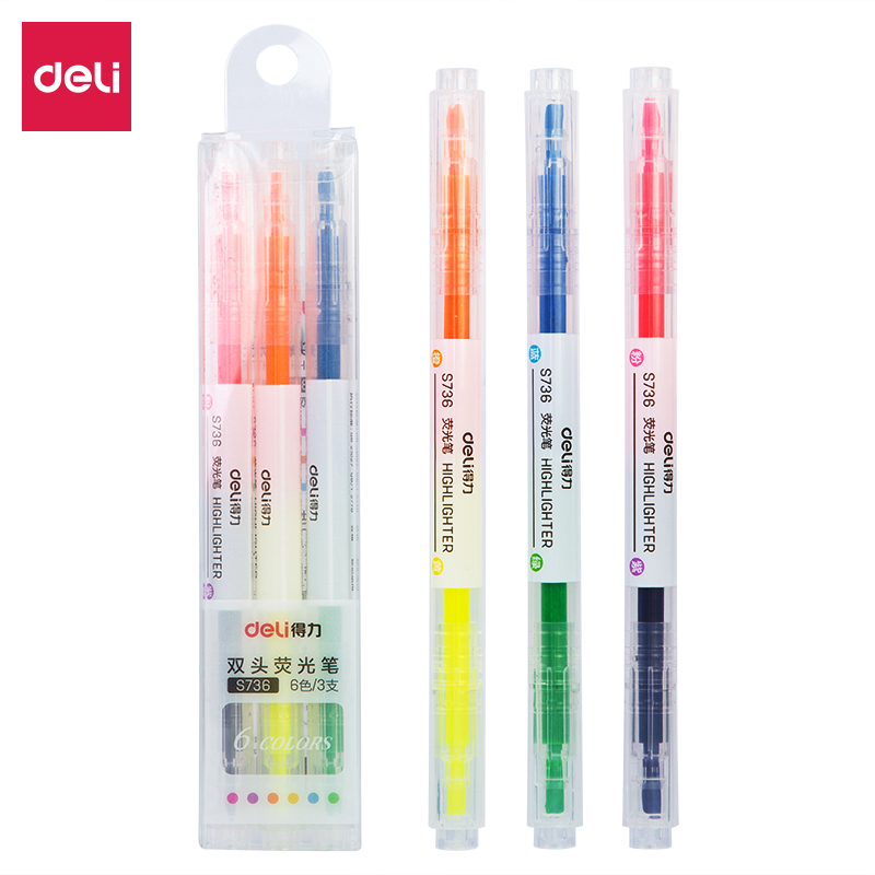 得力(deli)S736(混色)双头双色荧光笔(3支/盒)