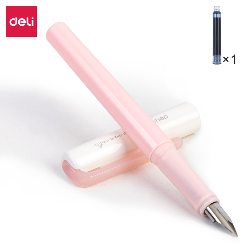 得力(deli)A932钢笔(可擦纯蓝/笔壳粉色)(1支笔+1墨囊/盒)