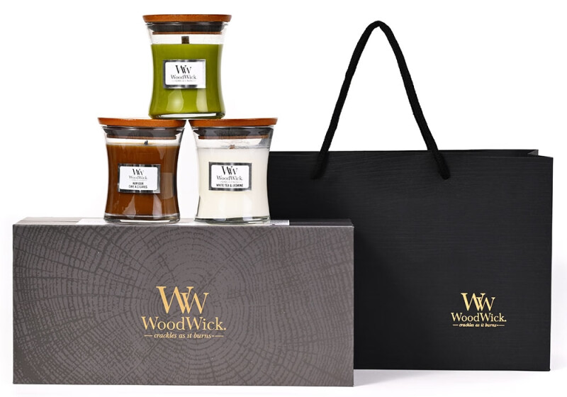WoodWick小瓶三只装黑色礼盒+黑色礼袋(香型可任意选择搭配)