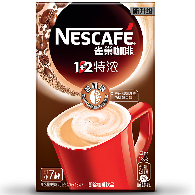 雀巢(Nestle)咖啡1+2特浓微研磨 7条x13g