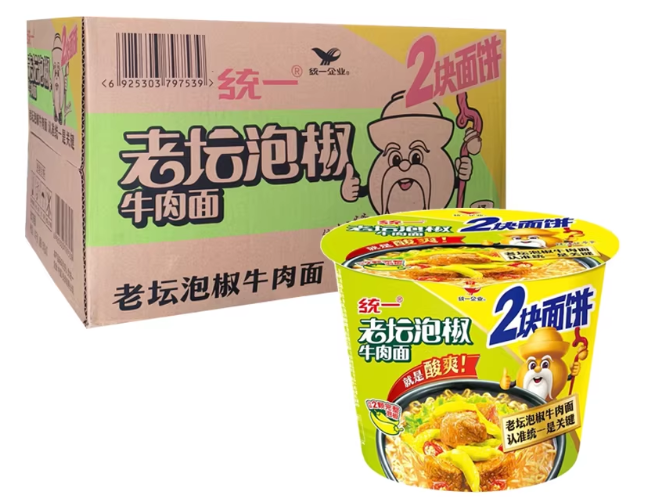 统一泡椒牛肉面2块面饼桶面12桶装