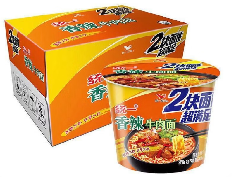 统一香辣牛肉面2块面饼桶面12桶装