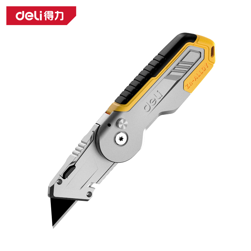 得力工具DL006Z工业级锌合金折叠割刀SK2_T型黑刃内置3刀片(黄)(把)